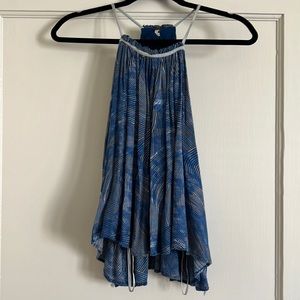 High neck, flowey blue patterned tank with ties on side